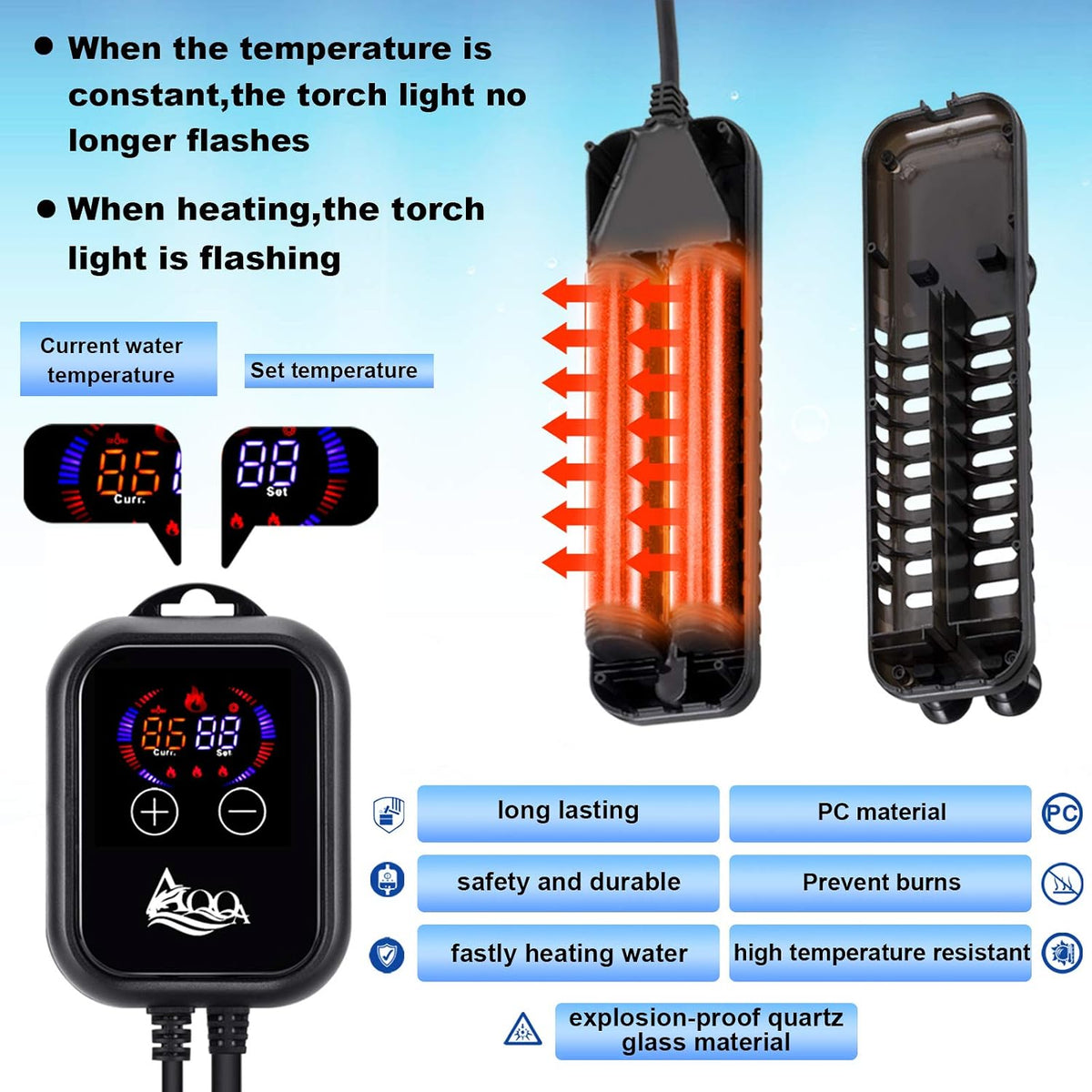 Close up of AQQA aquarium heater LED temperature display screen