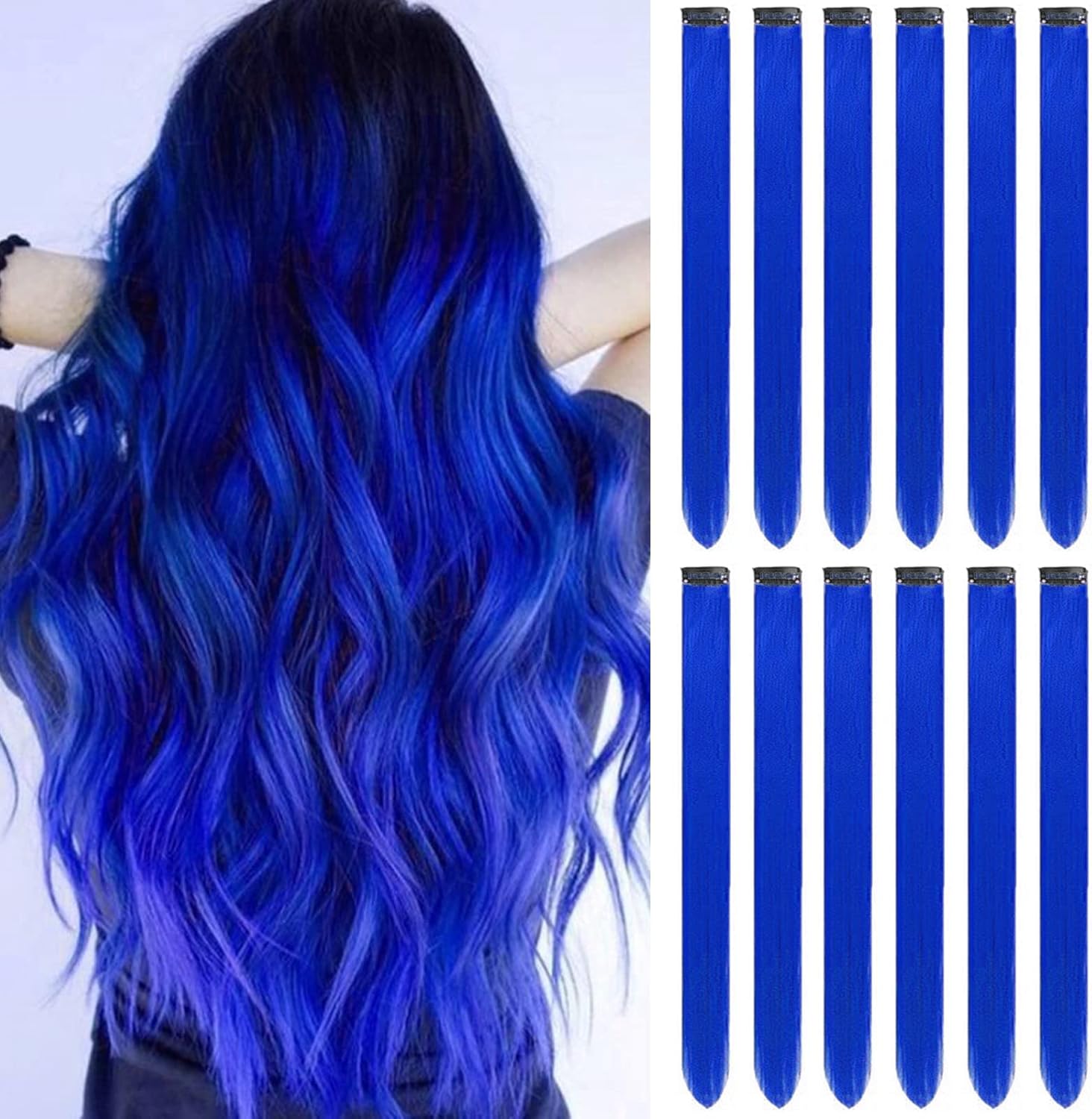 GPOVVIMX 12 Pieces Blue Hair Extensions front view showing long straight synthetic hairpieces