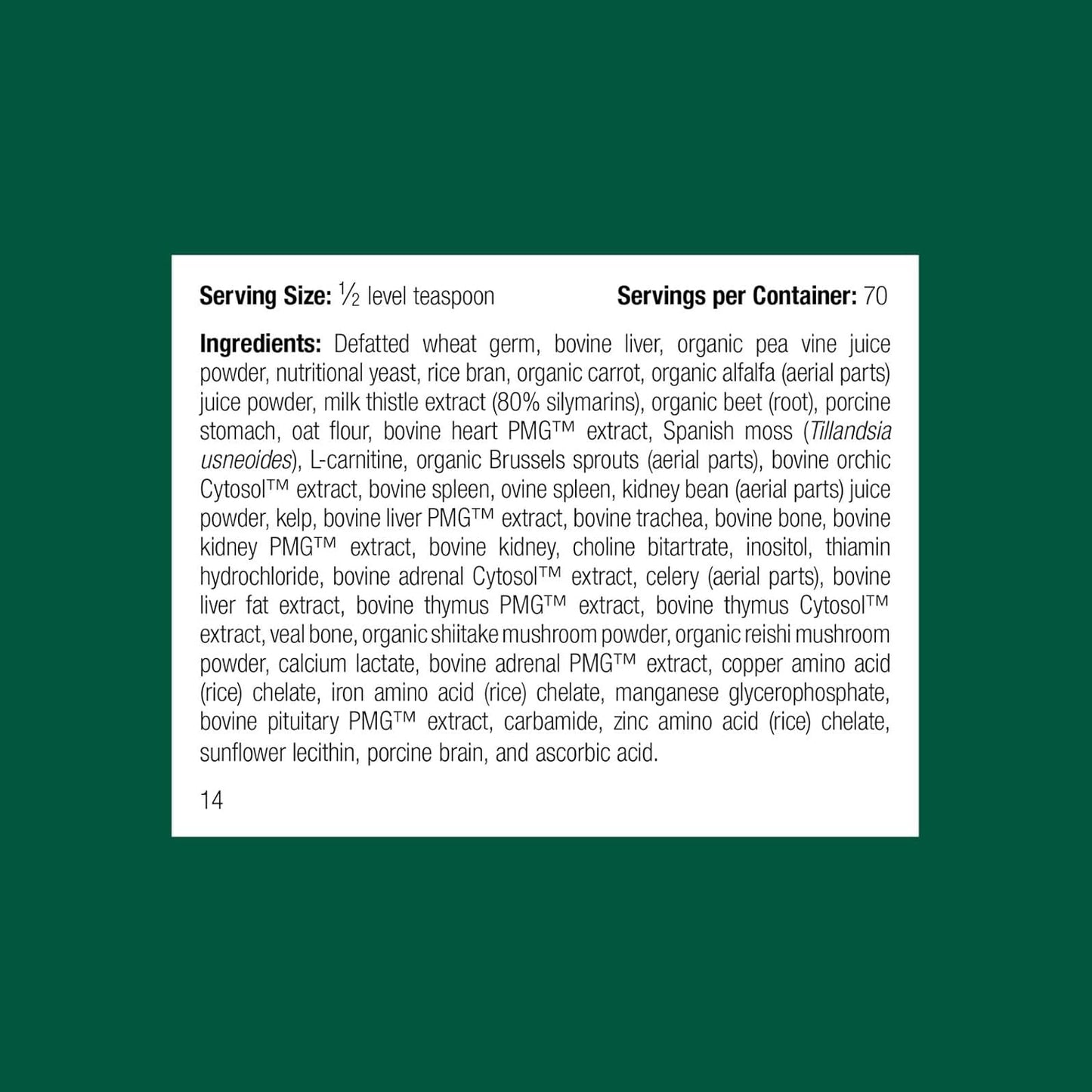 Standard Process nutritional powder label details