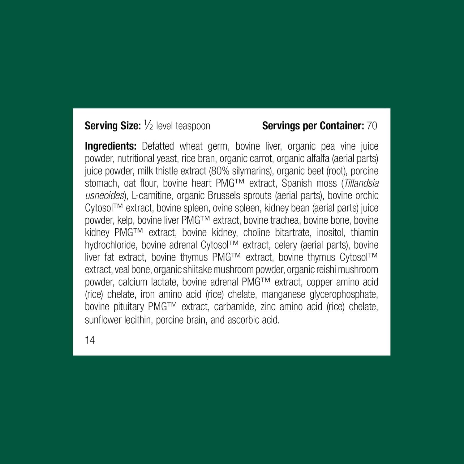 Standard Process nutritional powder label details