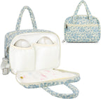 Rain Bunny cotton quilted wearable breast pump bag front view with floral print.