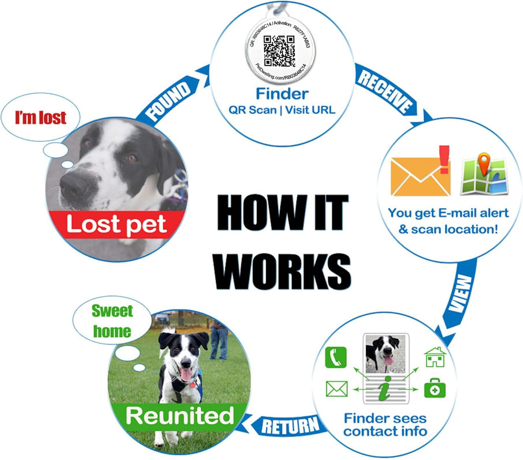 Smart pet identification tag with scannable QR code on the back for instant owner contact.