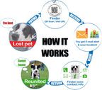 Smart pet identification tag with scannable QR code on the back for instant owner contact.