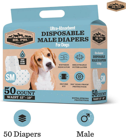 Dr. Pol disposable pet wraps for male dogs featuring a paw print pattern design.