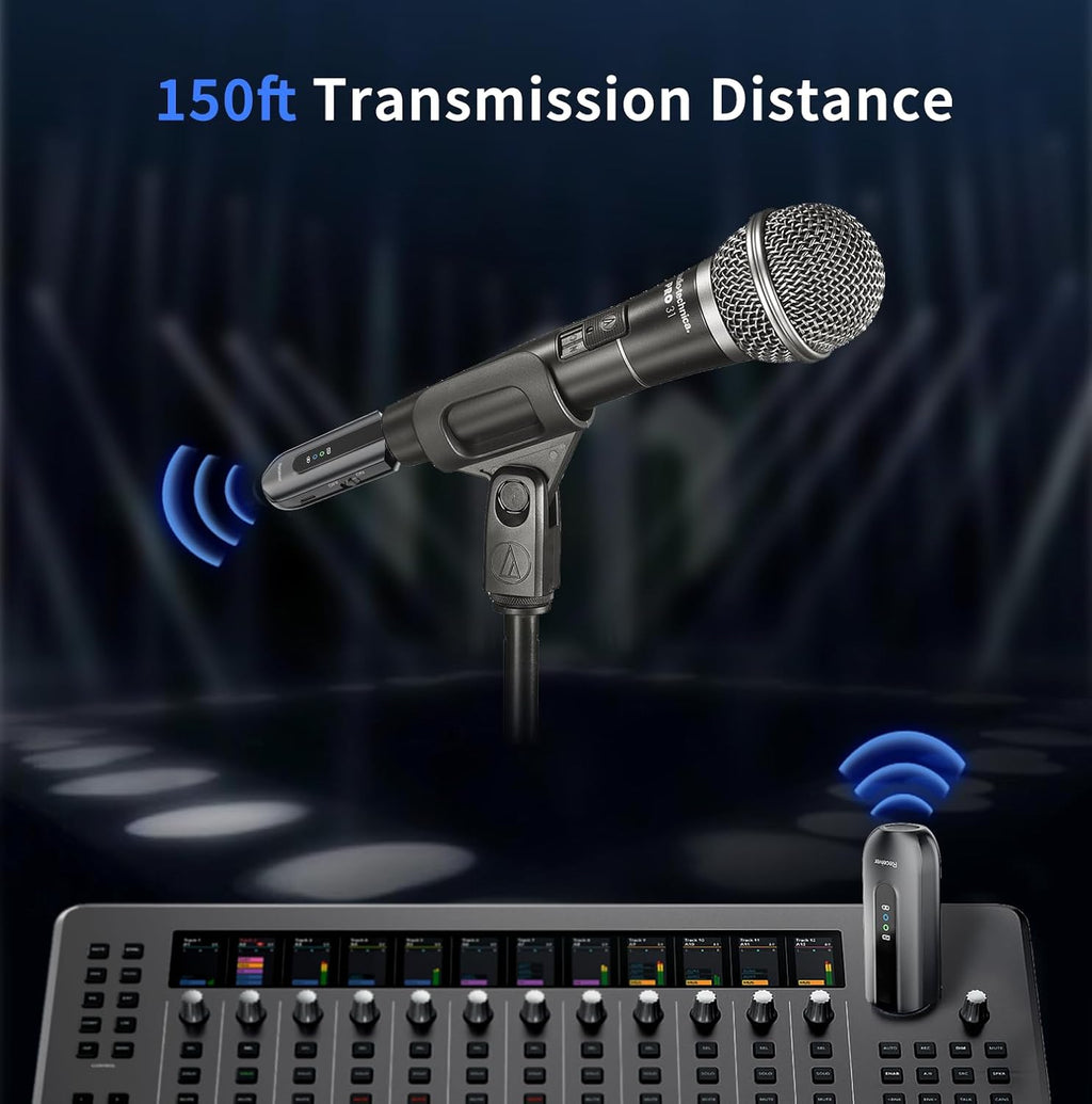 KYXAIN wireless receiver plugged into a professional stage audio mixer console input