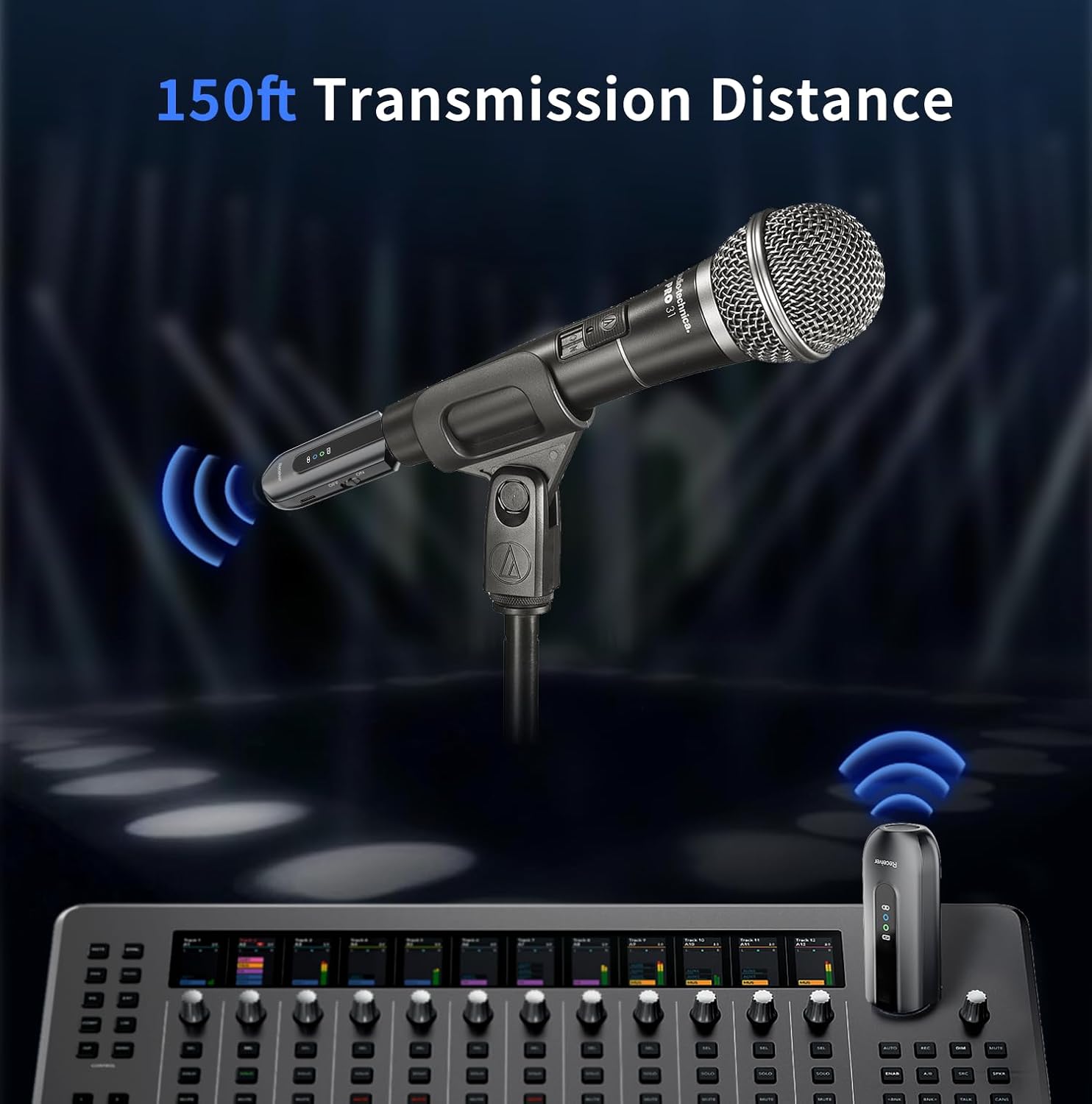 KYXAIN wireless receiver plugged into a professional stage audio mixer console input