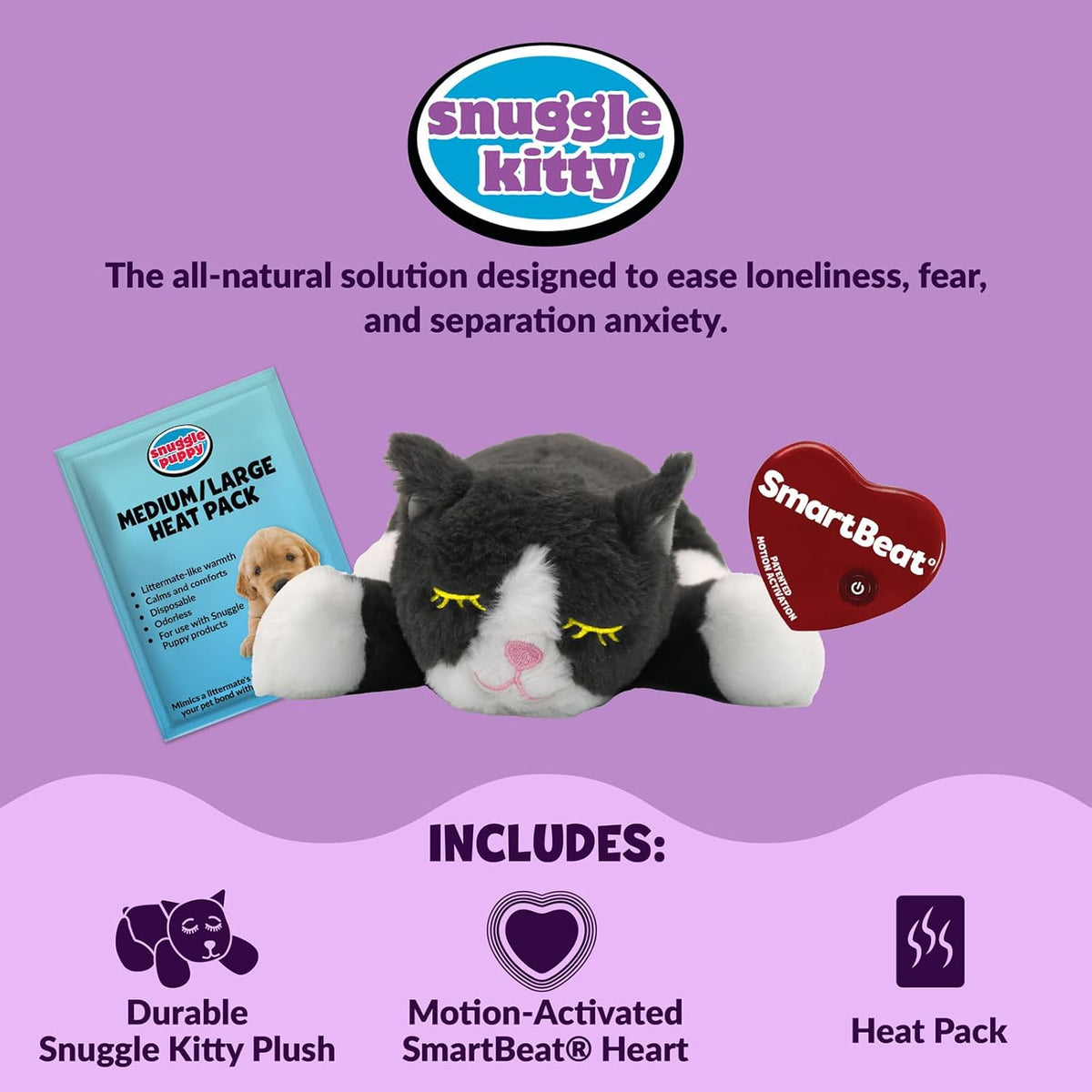 Grey and white Snuggle Kitty behavioral aid toy with internal heartbeat pocket