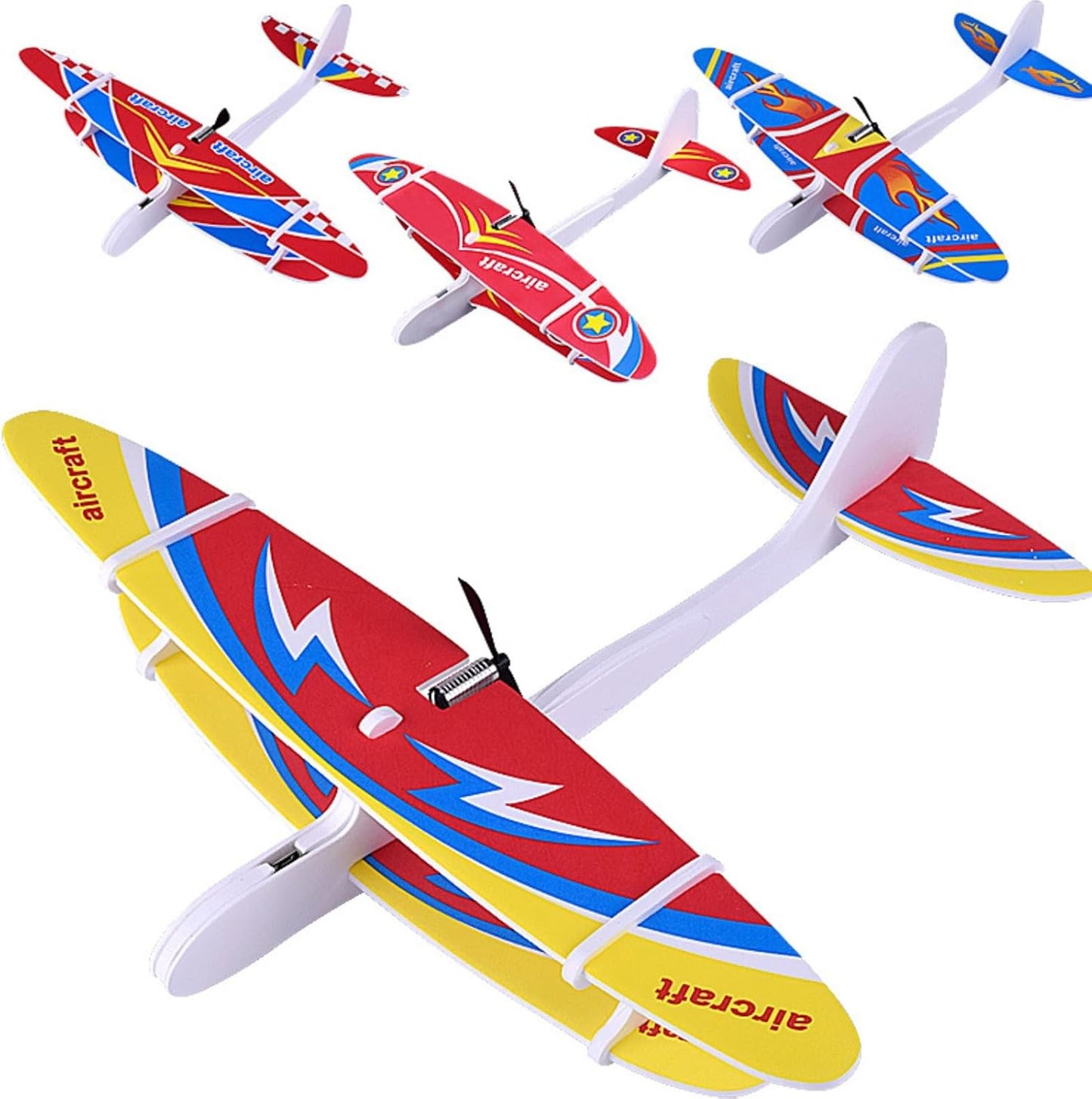 HTLNUZD electric foam plane glider showing the full front view with its aerodynamic wings and propeller motor.