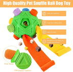 Dog sniffing for treats inside Petration snuffle ball