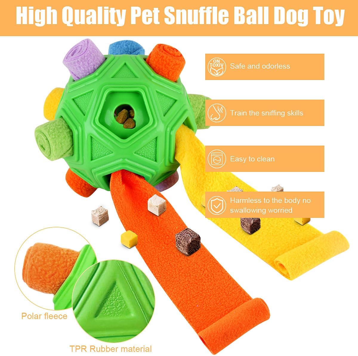 Dog sniffing for treats inside Petration snuffle ball