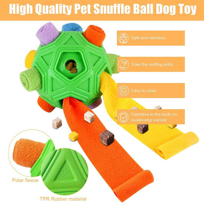 Dog sniffing for treats inside Petration snuffle ball