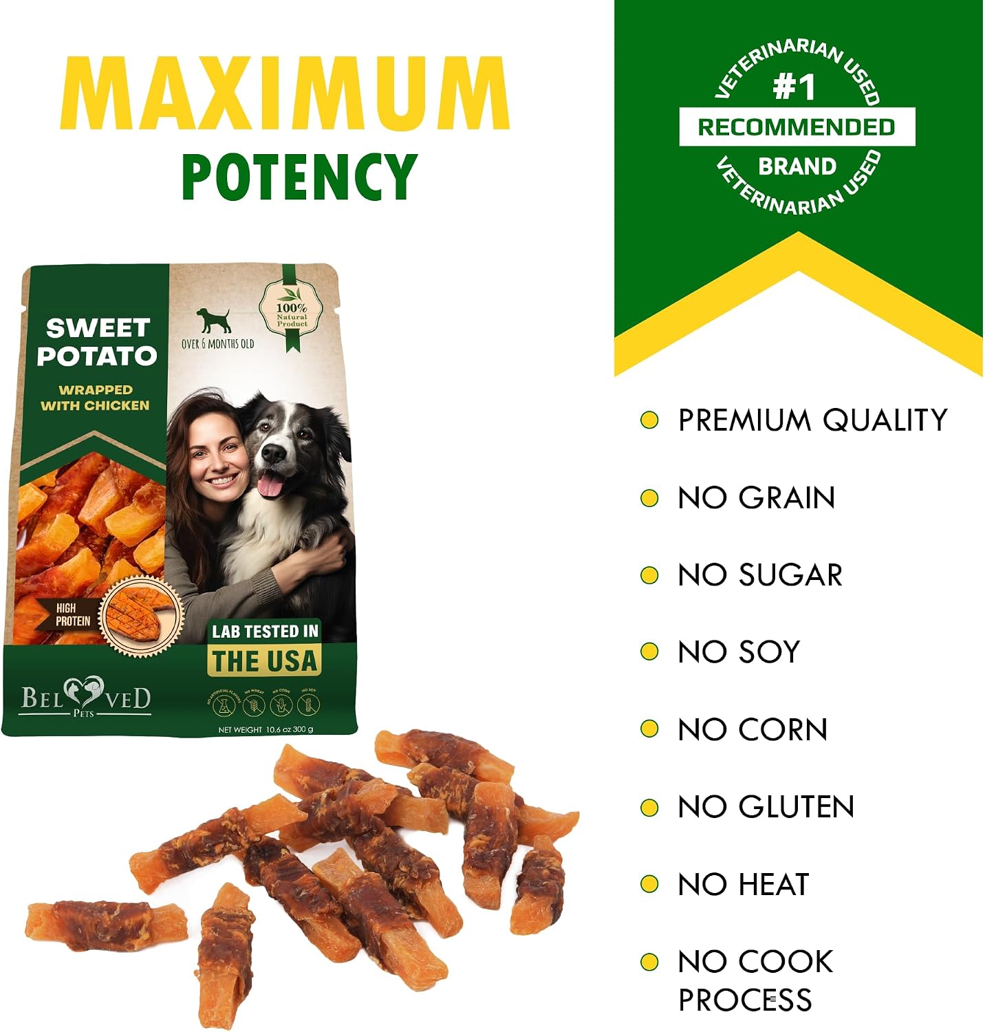 Natural chicken and sweet potato dog chew ingredients visual