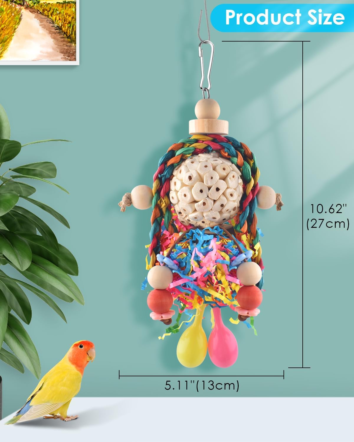 Close up of Bissap sola wood ball and colorful paper shredder toy