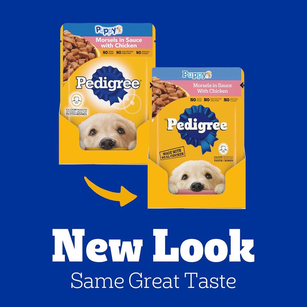USA imported Pedigree puppy food packaging showing real chicken chunks