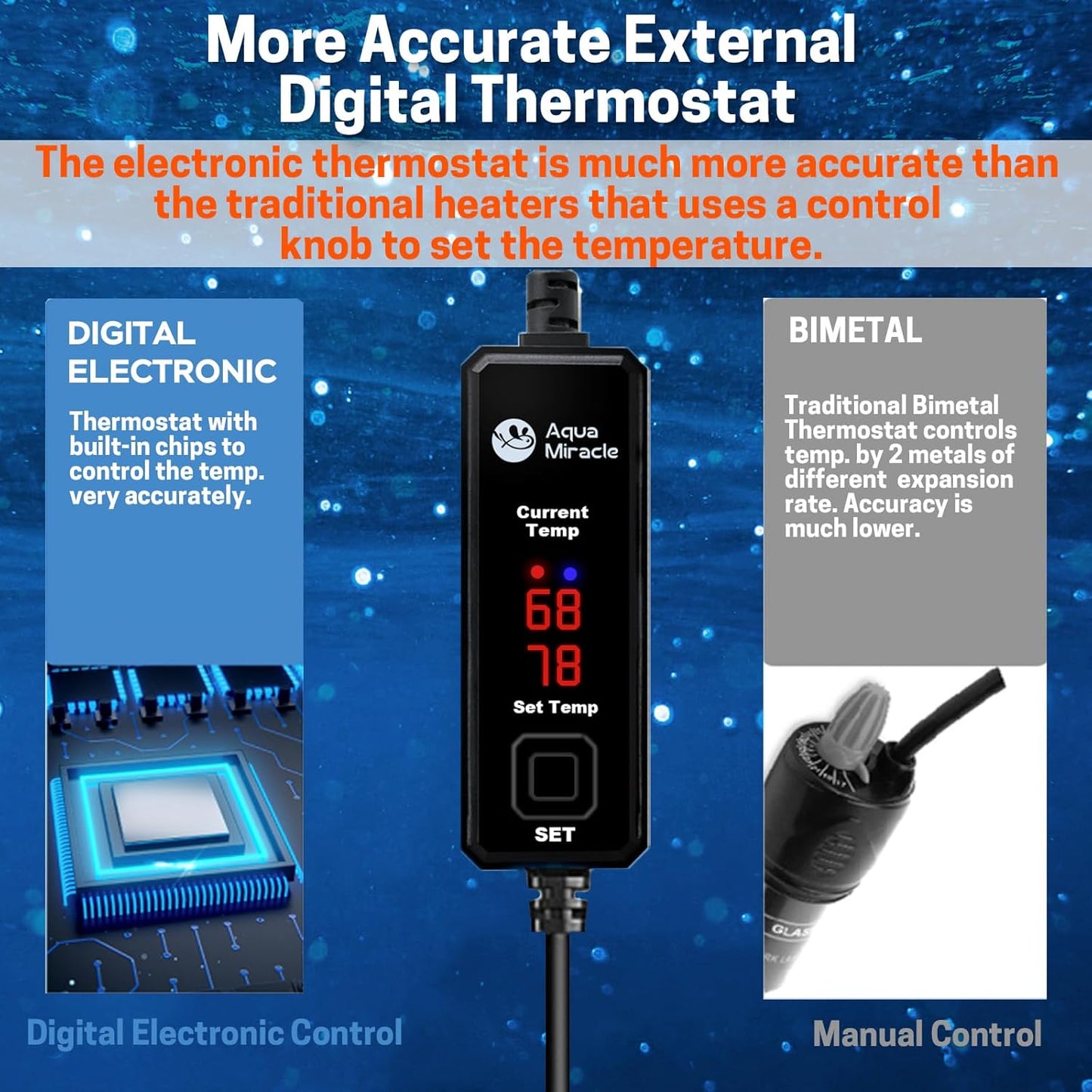 Side profile of super mini aquarium heater in water
