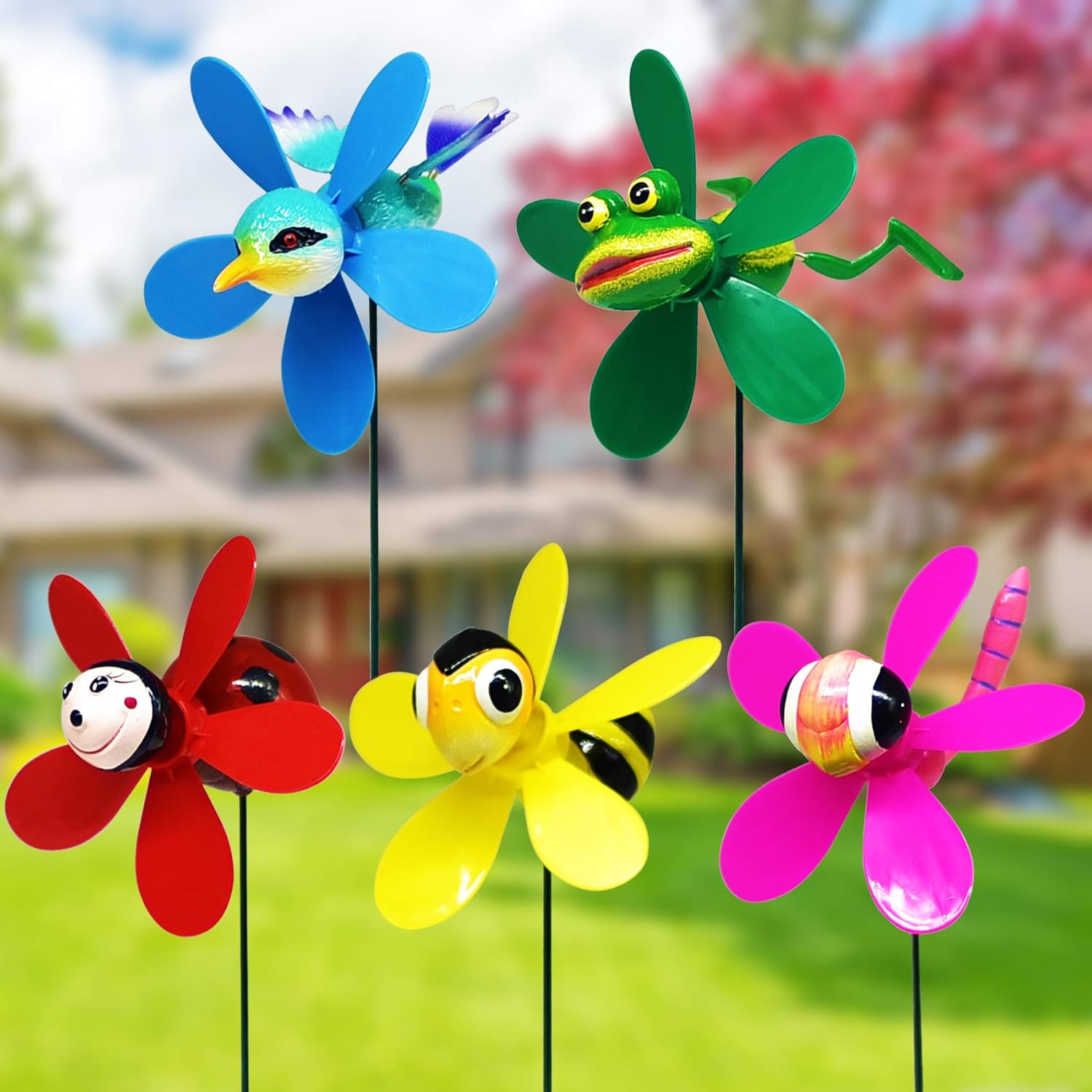 Fenely garden pinwheels whirligigs set front view