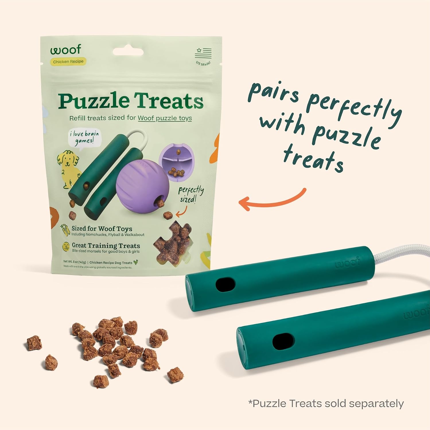 Packaging view of the authentic USA imported WOOF Nomchucks dog game puzzle