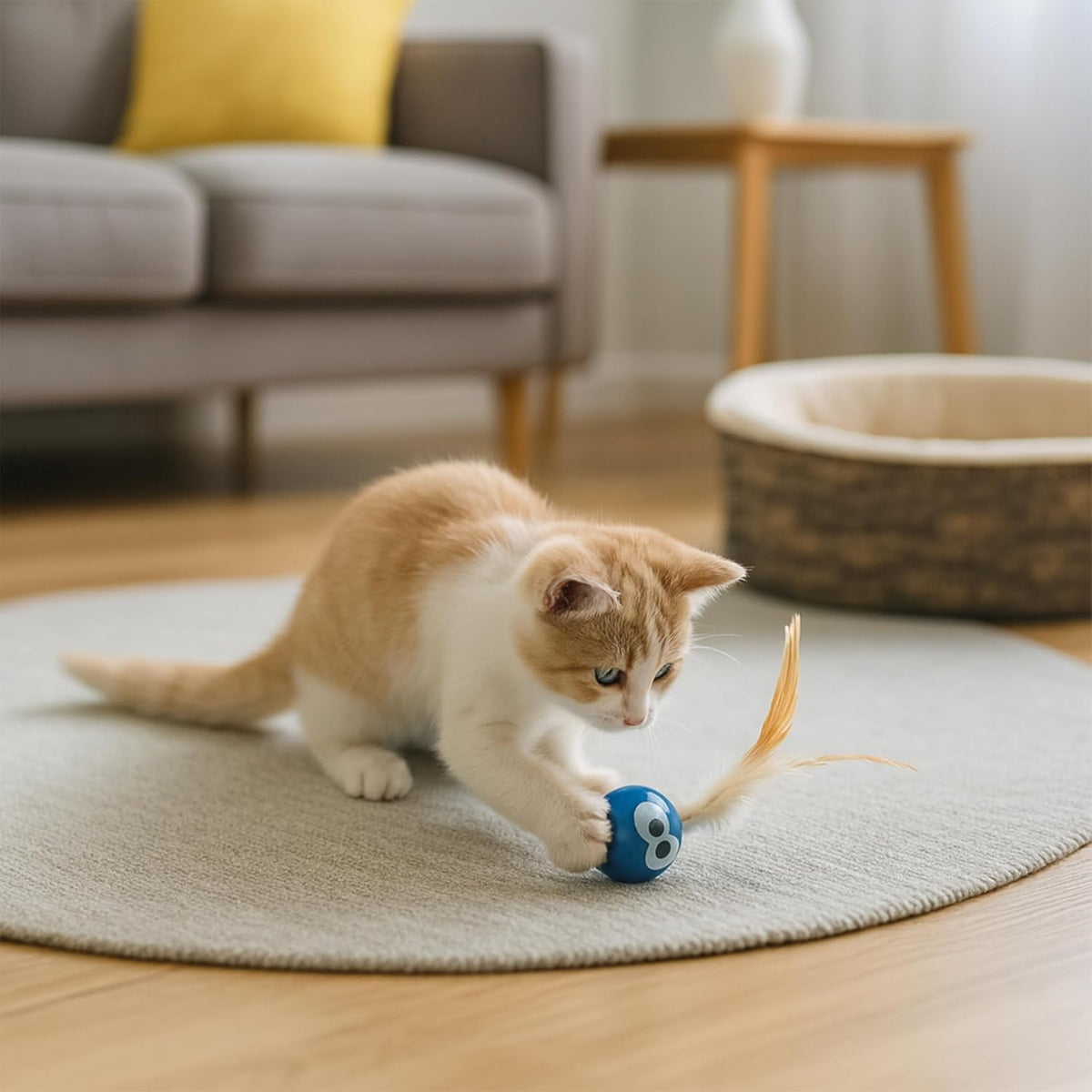 Side angle view of the vibrant pink and blue imported pet balls with feathers showcasing the authentic American product design.