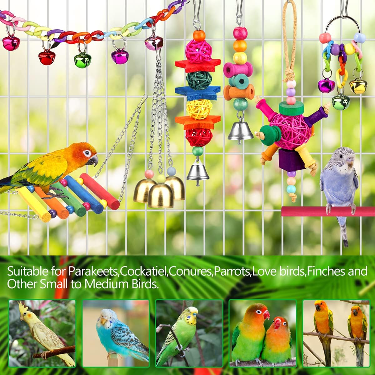 Hanging bell toys and rattan balls for parakeets