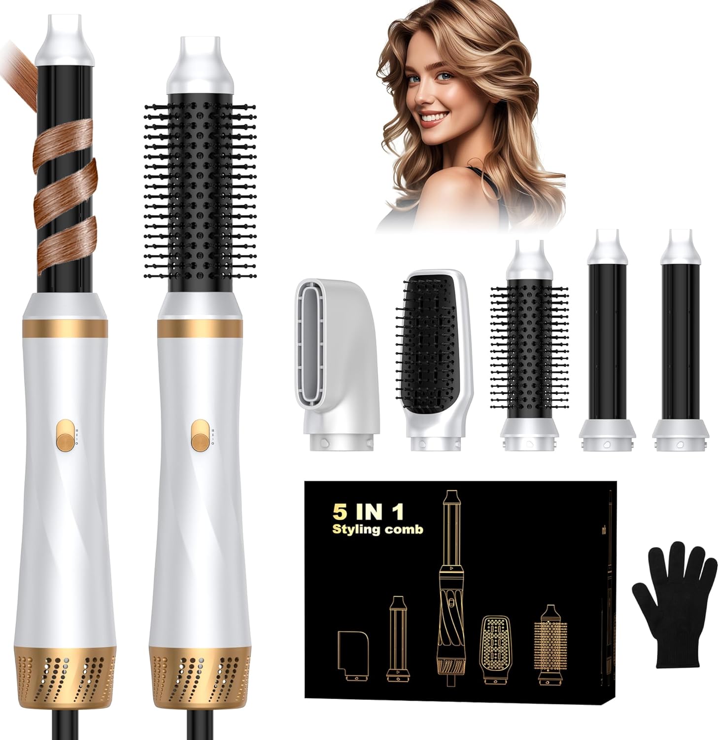 Trylater 5 in 1 hair dryer brush set front view showing all five styling attachments