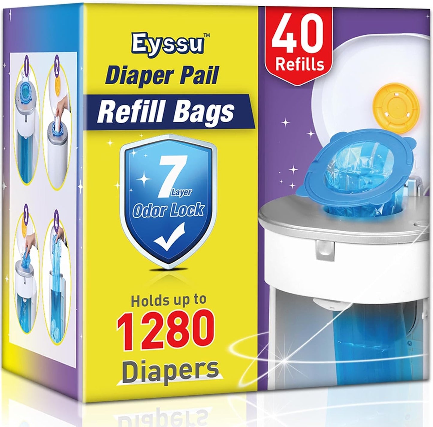 Eyssu diaper pail refill bags forty pack box front view displaying seven layer odor lock technology
