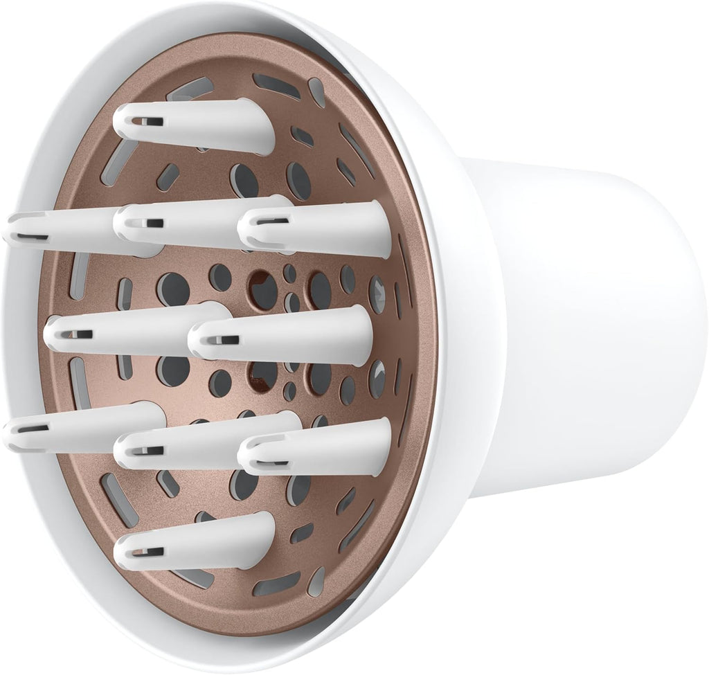 Conair Double Ceramic Universal Diffuser attachment front view showcasing the white outer shell and internal rose gold heating plate.