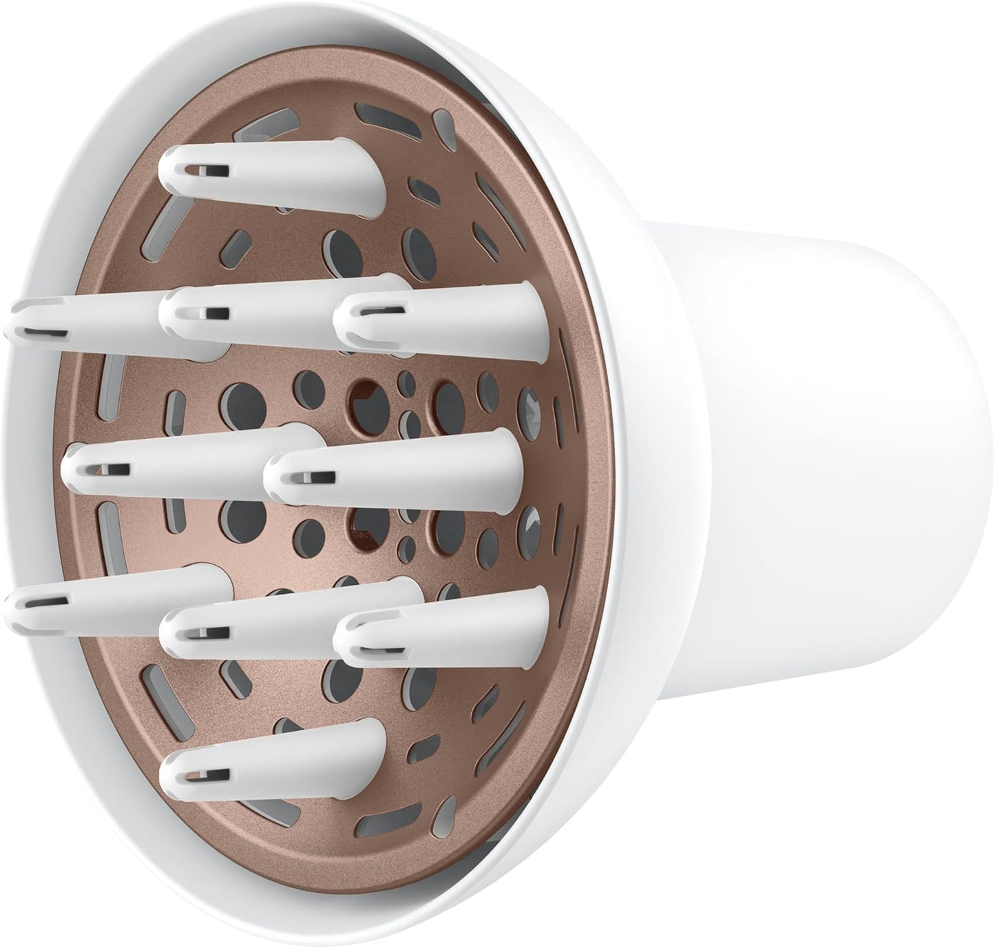 Conair Double Ceramic Universal Diffuser attachment front view showcasing the white outer shell and internal rose gold heating plate.