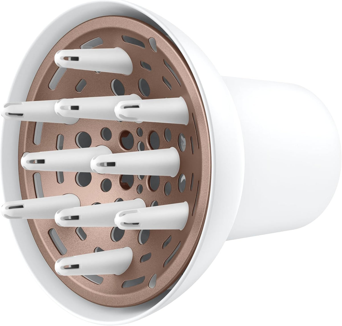 Conair Double Ceramic Universal Diffuser attachment front view showcasing the white outer shell and internal rose gold heating plate.