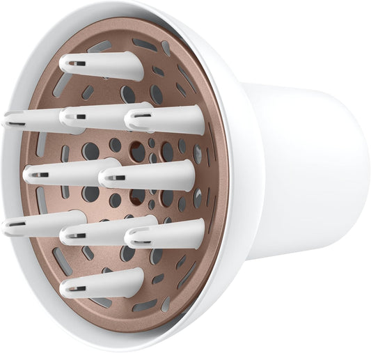 Conair Double Ceramic Universal Diffuser attachment front view showcasing the white outer shell and internal rose gold heating plate.
