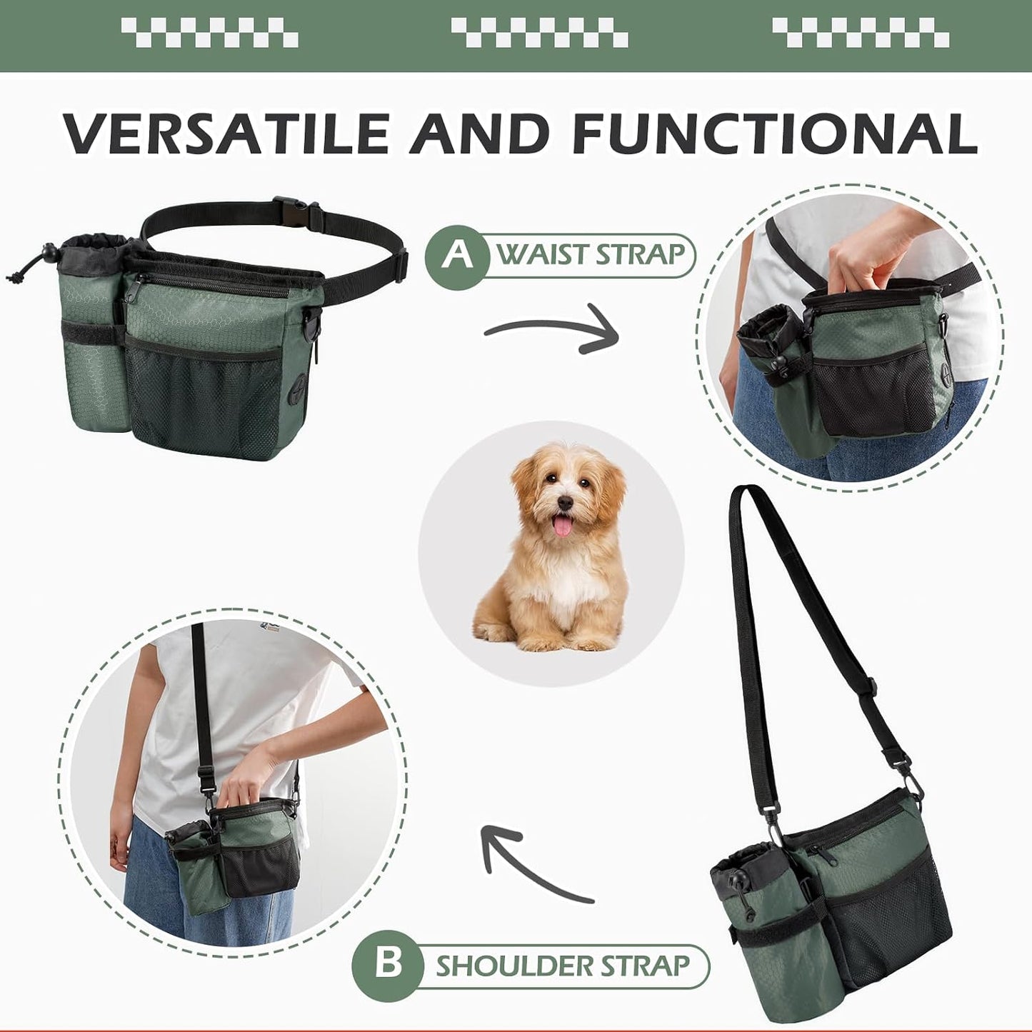 Dog Treat Training Pouch with Magnetic Zipper Closure - Built-in Poop Bag Dispenser, Side Pocket for Dog Water Bottle, 3 Ways to Wear,Carry Kibble & Pet Toys (GrayishGreen) - Image 4