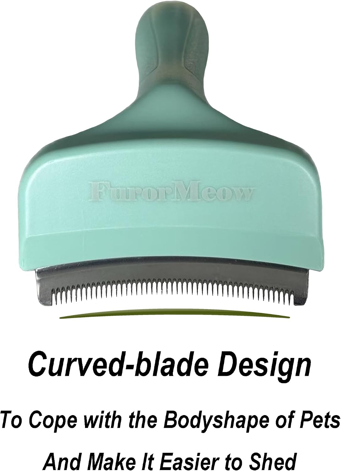 Close up of FurorMeow curved stainless steel blade with V-shaped teeth