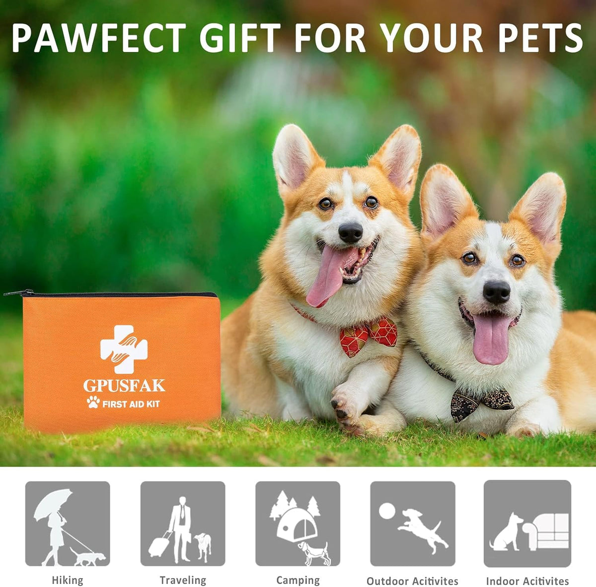 GPUSFAK pet first aid kit supplies organized for home and travel medical readiness.