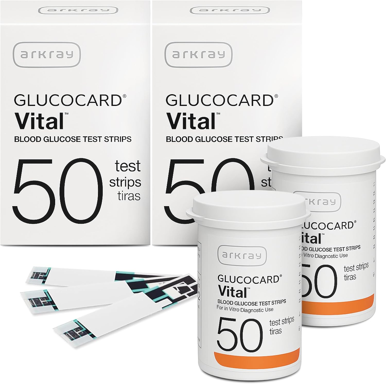 Arkray Glucocard Vital glucose test strips front view of the hundred count packaging