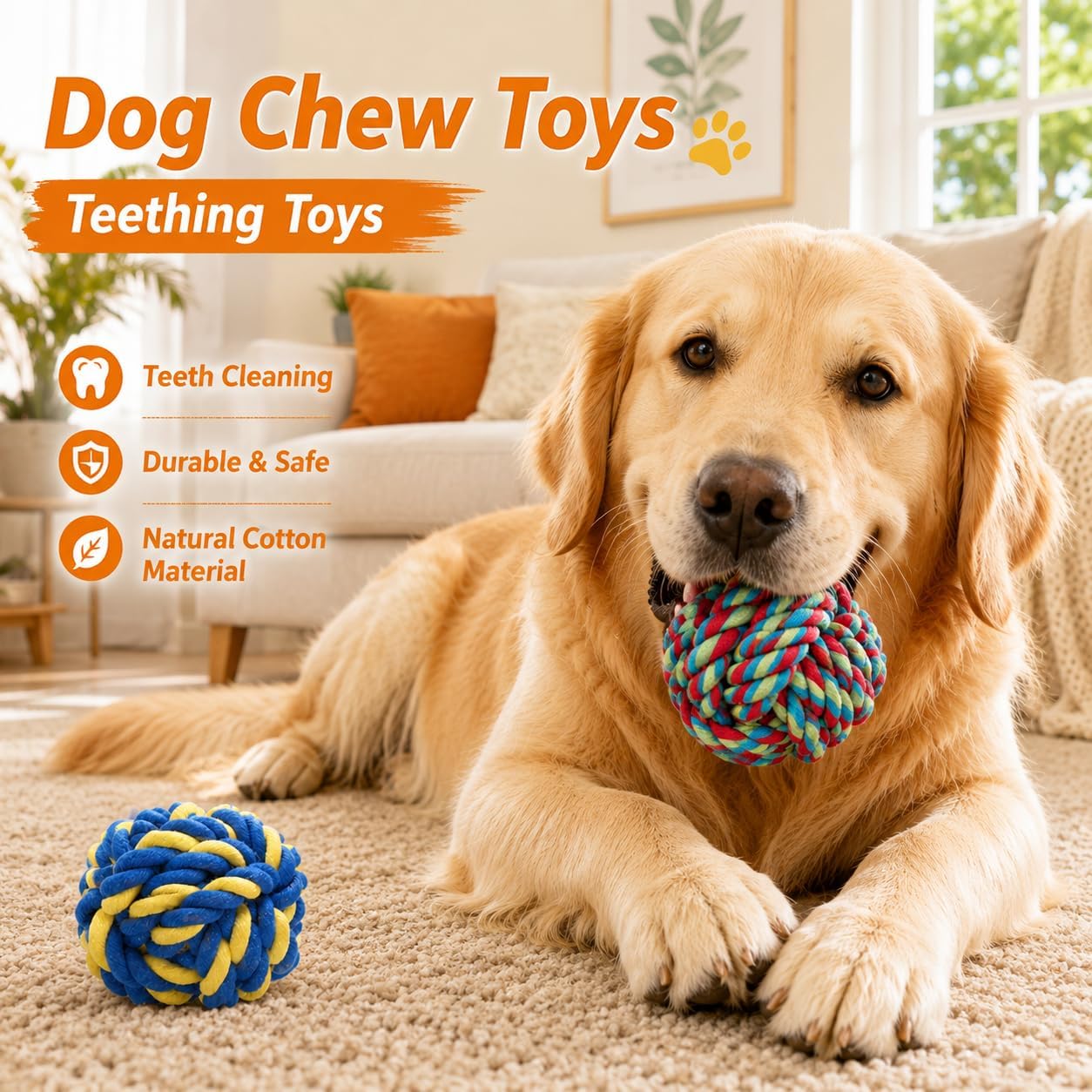 Handled cotton rope ball from the pet bundle being used for interactive outdoor fetch.