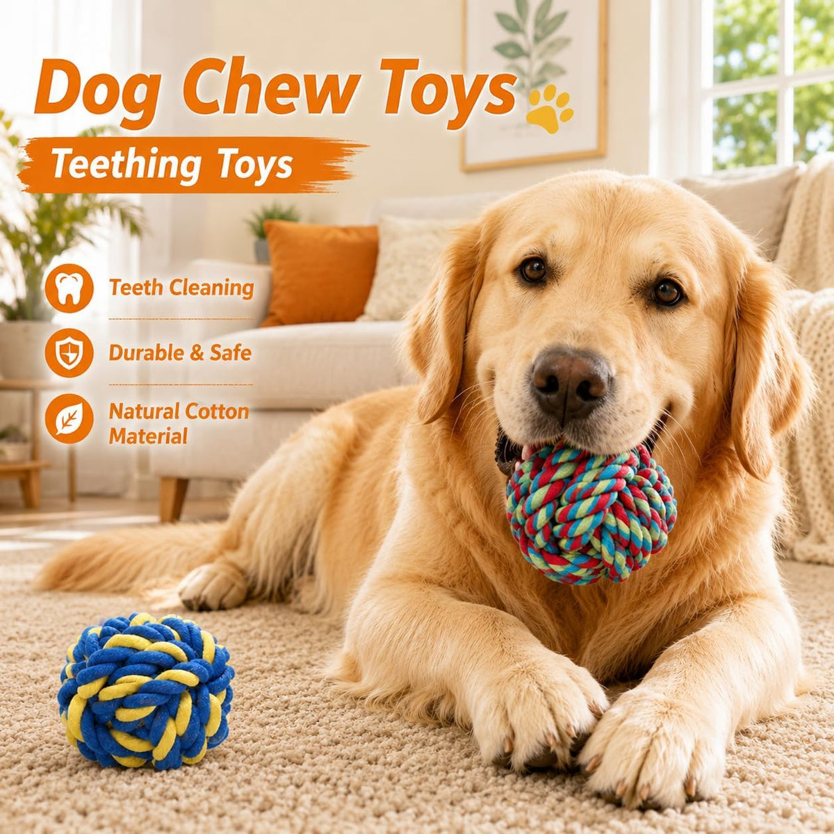 Handled cotton rope ball from the pet bundle being used for interactive outdoor fetch.