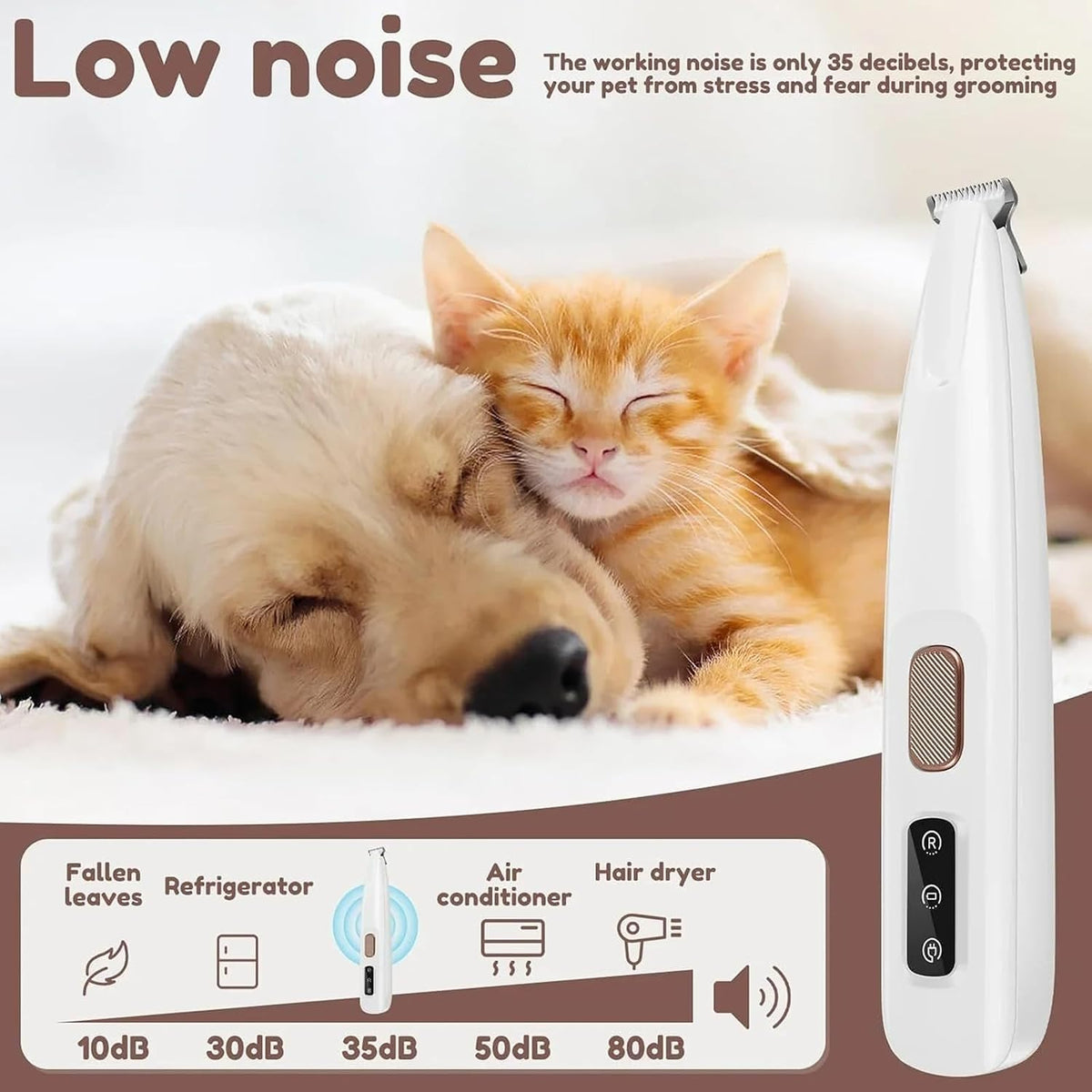Generic Calmclippers pet hair shaver with LED display close up for safe dog paw trimming.