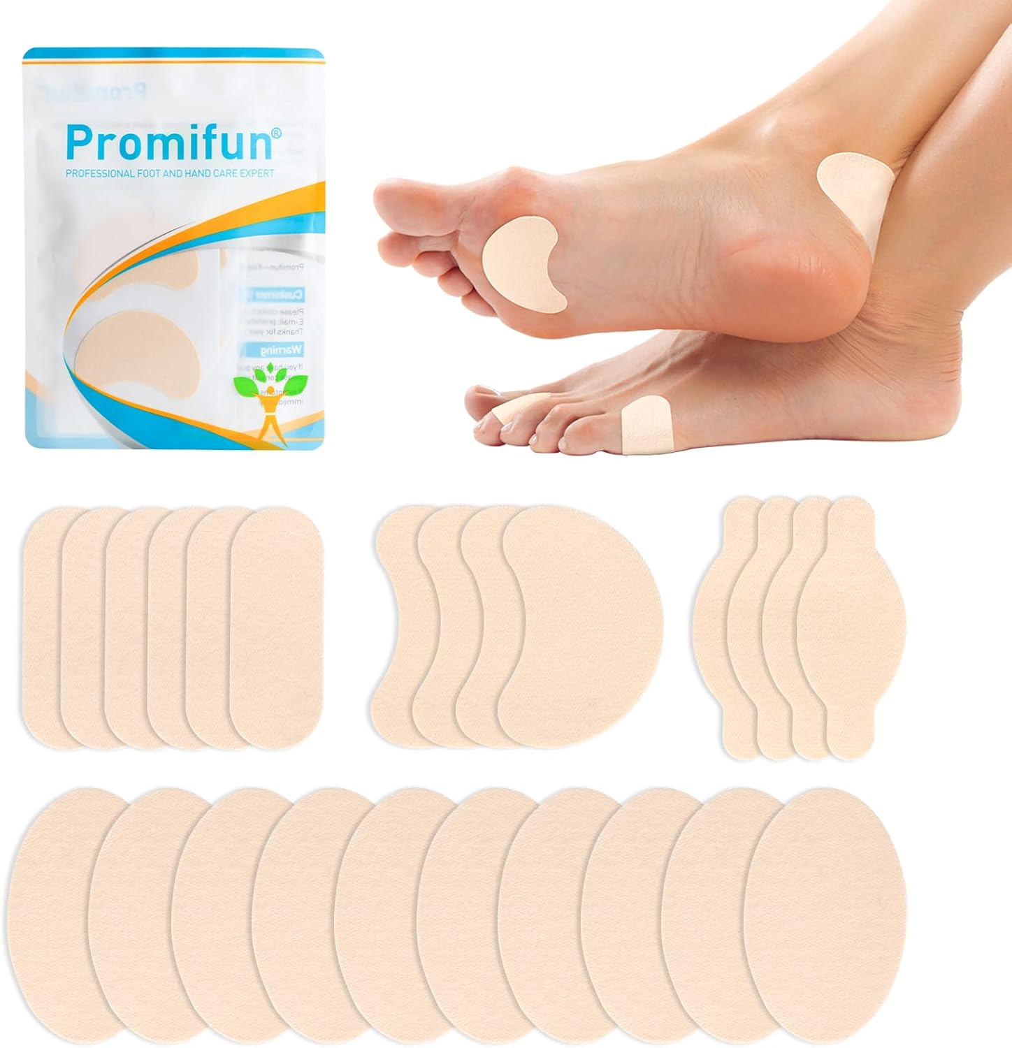 Promifun Moleskin Strips front packaging showing 24 sheets of blister prevention pads.