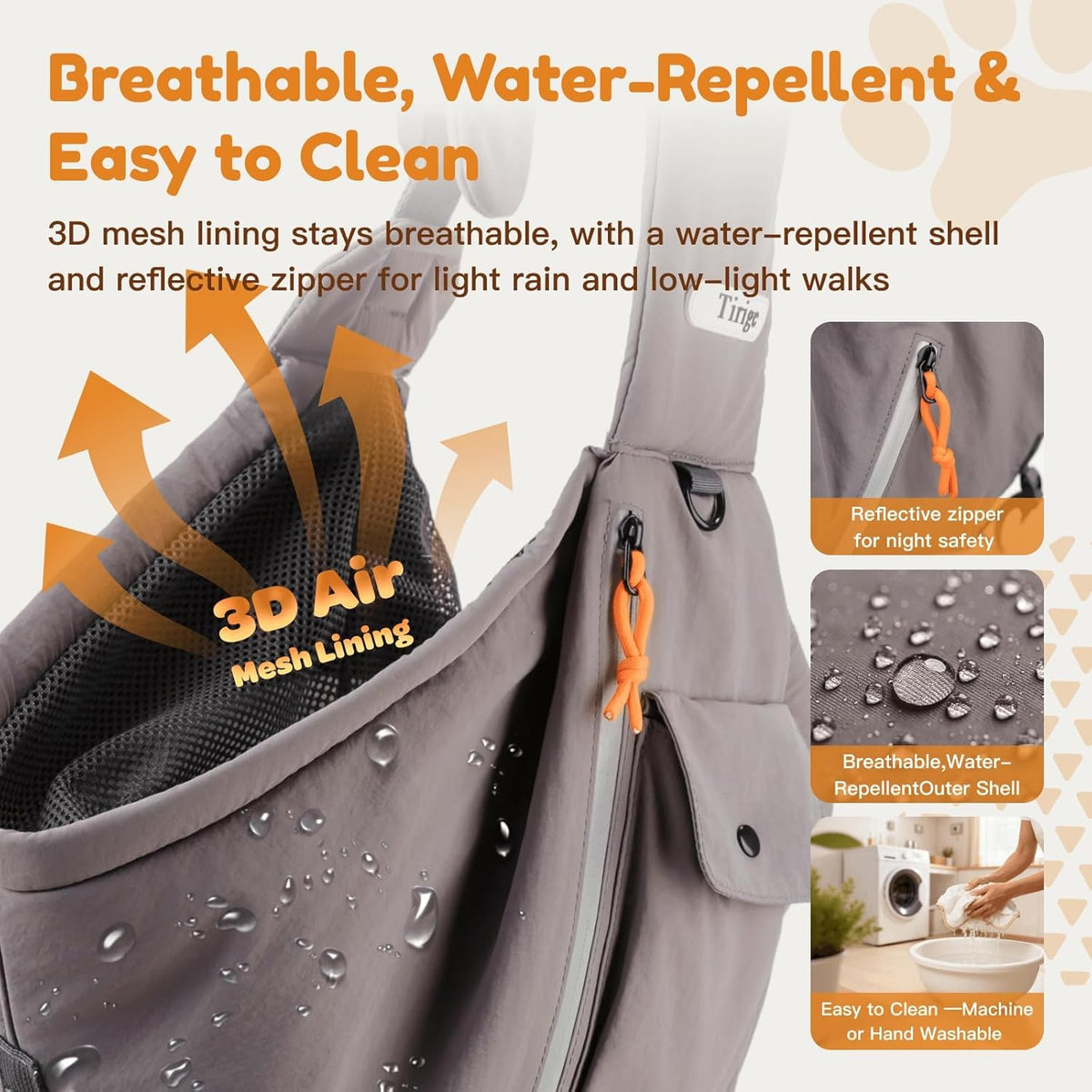 Side profile of gray pet sling with multiple storage pockets
