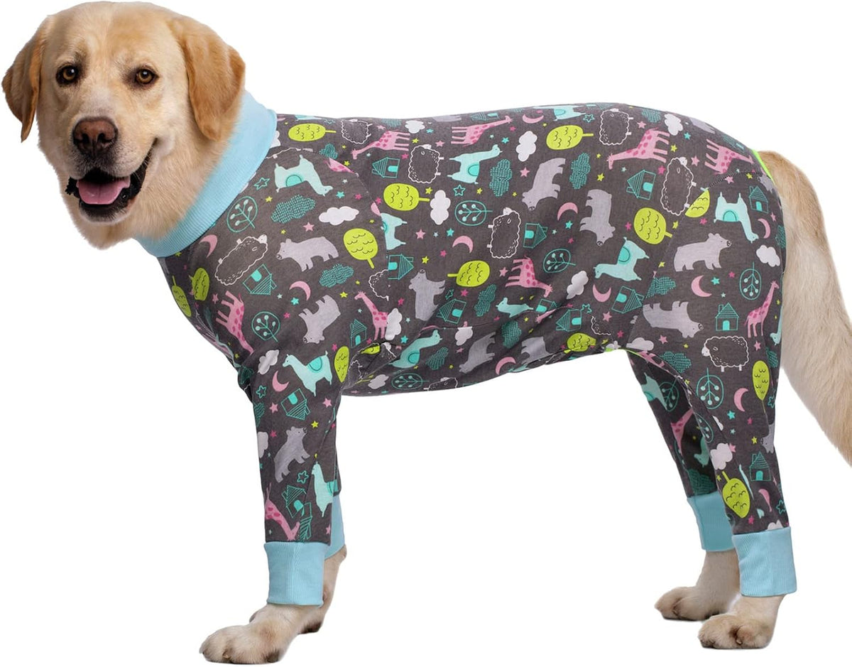 Snug fit veterinary recommended dog recovery onesie for post operative care.