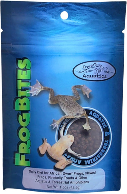 Invert Aquatics Frog Bites front view packaging of sinking pellet pet food for small amphibians.