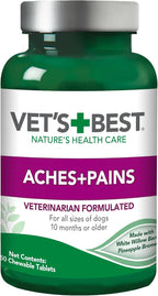 Vet's Best aches and pains relief supplement showing weight based daily feeding instructions.