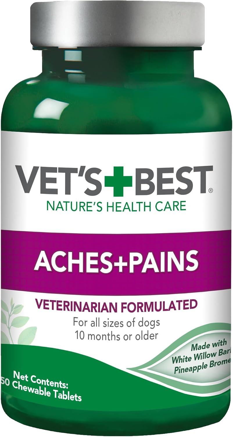 Vet's Best aches and pains relief supplement showing weight based daily feeding instructions.