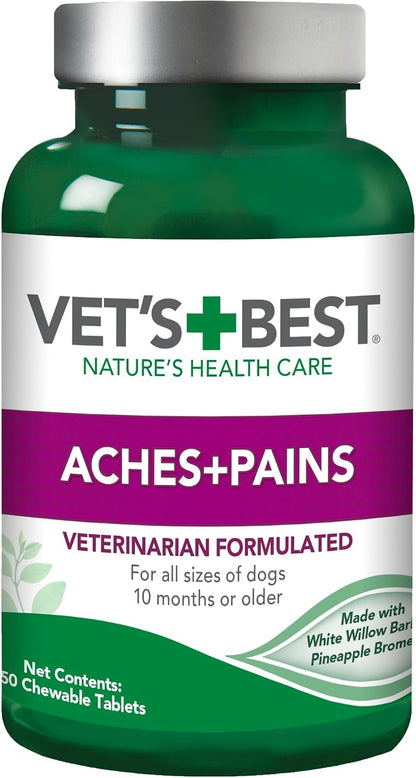 Vet's Best aches and pains relief supplement showing weight based daily feeding instructions.
