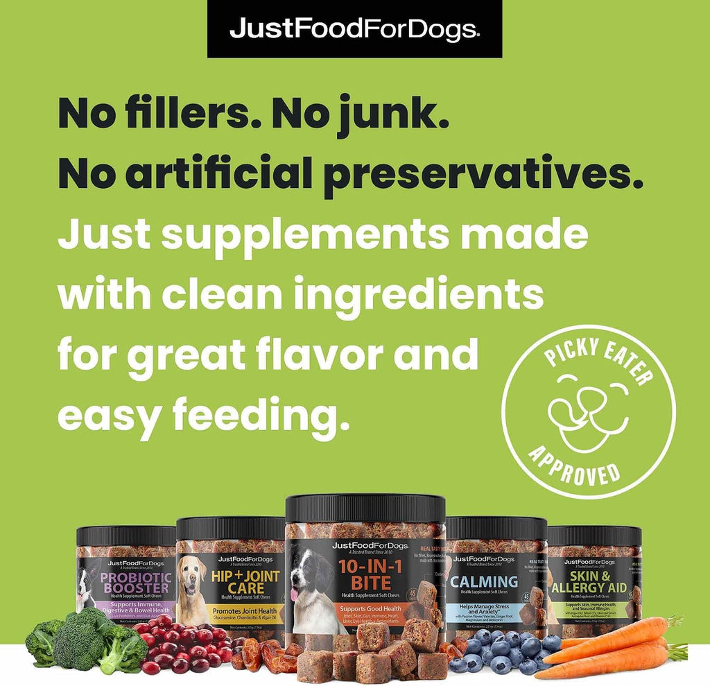 JustFoodForDogs allergy aid supplement bottle with ingredients list