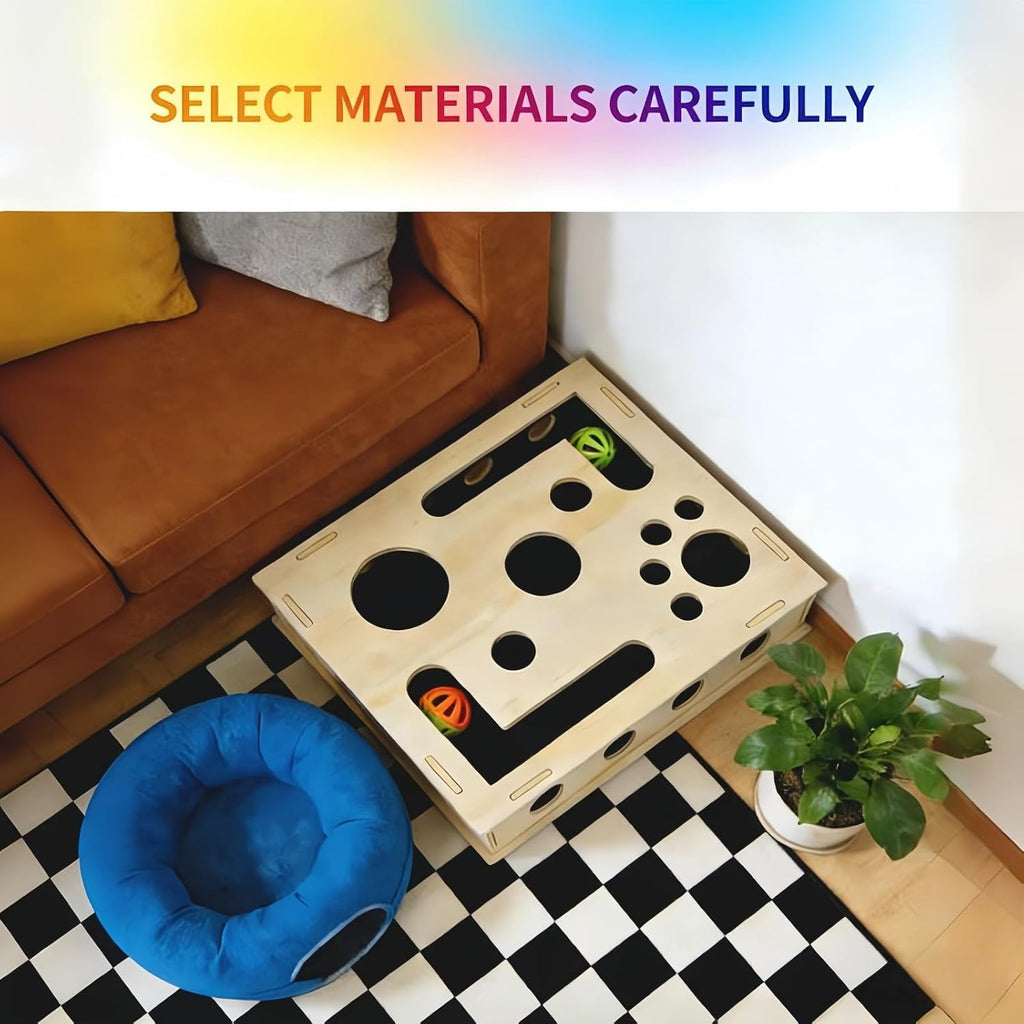 Interactive cat scratching box puzzle filled with treats for indoor feline mental stimulation.