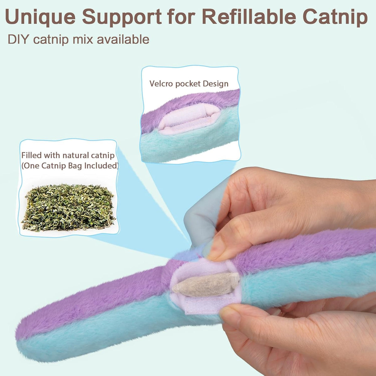 Close up of Velcro refill pouch on Retro Shaw cat toy
