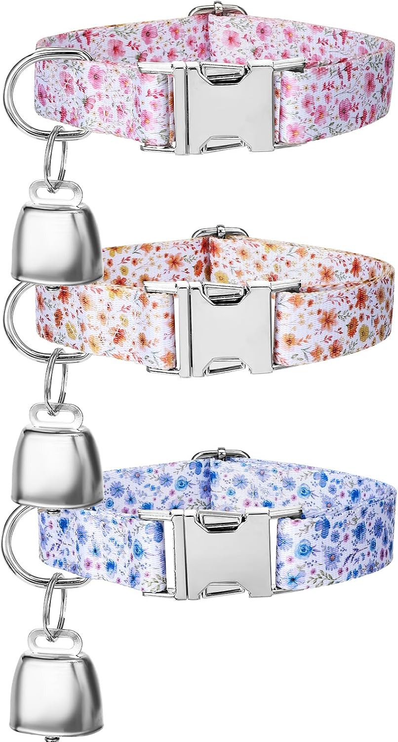 Guiqulai floral goat collars with bells front view showing adjustable polyester straps and bronze grazing bells.
