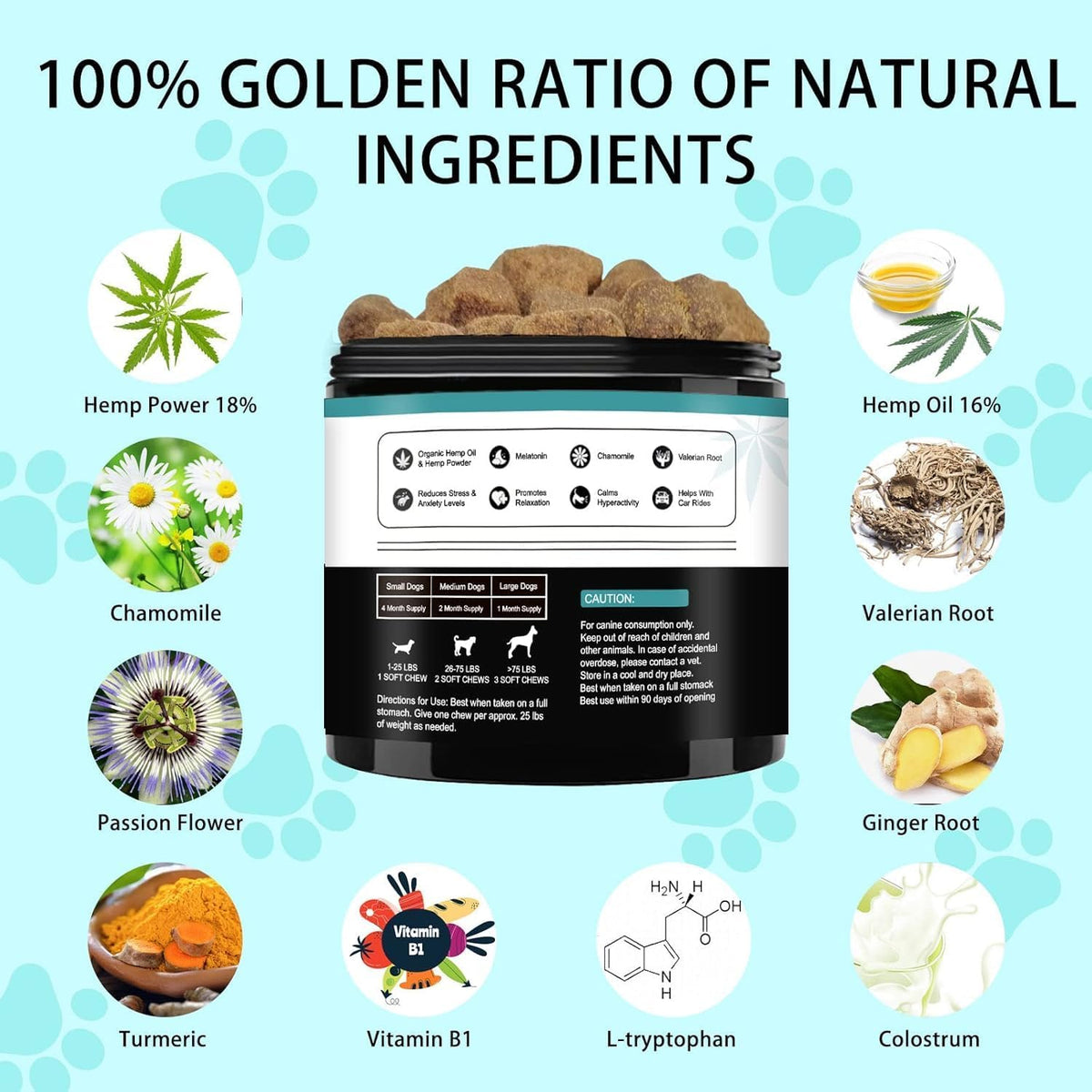 GKD dog calming treats side view detailing the organic hemp seed powder and natural ingredients list.
