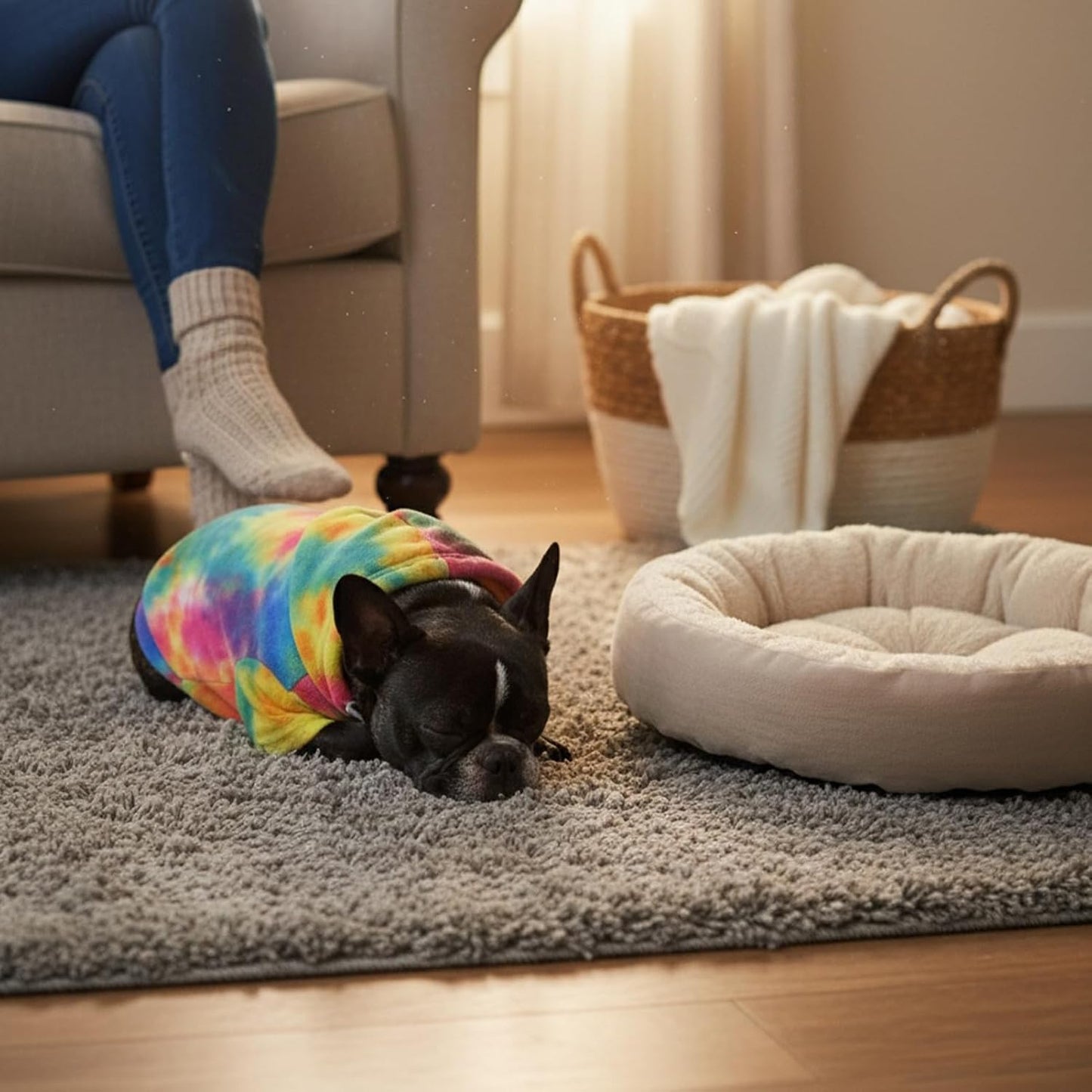 Close up of breathable fabric on tie dye pet coat