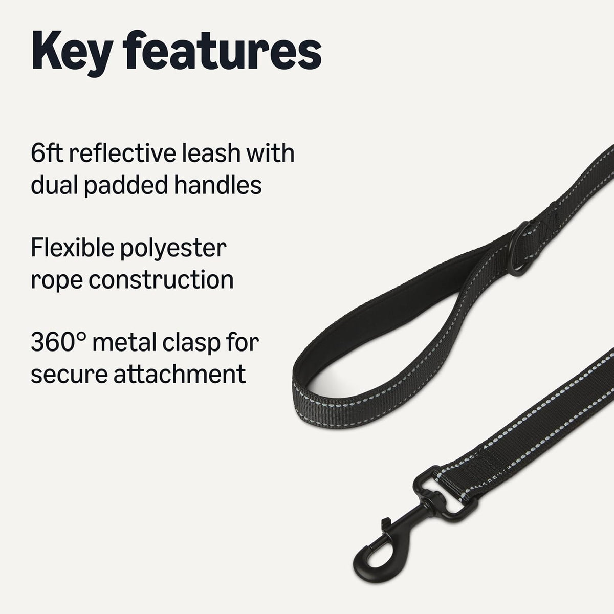 Amazon Basics black dog leash close up of the two padded handles for traffic control